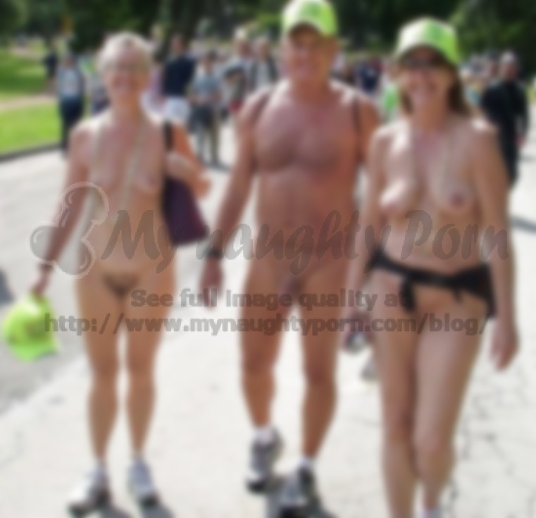 Fat Nudist On Parade - Old couple walking nude at a nude parade and showing women's hairy pussies  and flabby tits and man's semi-erected shaved dick